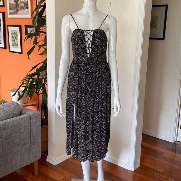 Flynn Skye Black Cream Retro Polka Dot Lace Up Corset Midi Dress Size S NWT - Picture 2 of 12
